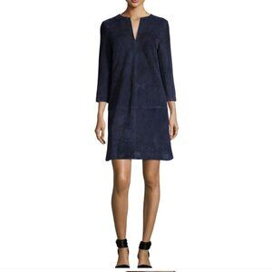 Tory Burch Navy Suede Leather Shift Dress Split Neck 3/4 Sleeves